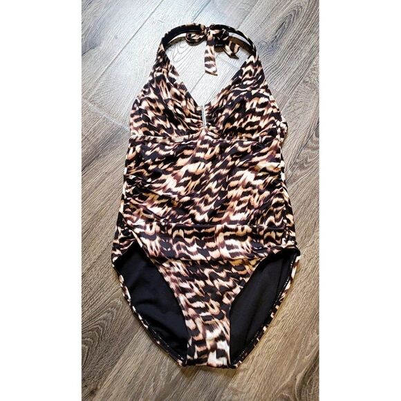 Aqua Green Tiger Print Haulter One Piece Swimsuit Women's Size Medium - Picture 2 of 4